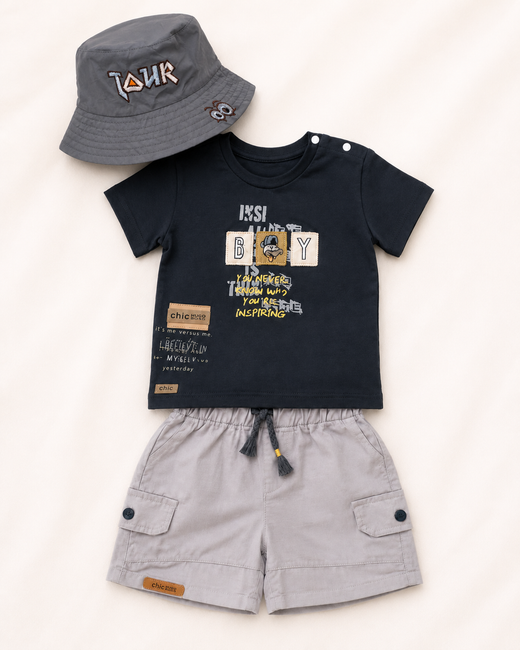 Ensemble Bébé 3 Pièces avec Bob – T-shirt, Short Cargo & Chapeau
