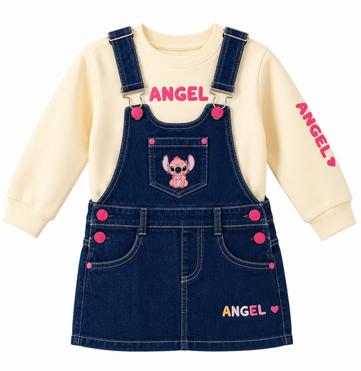 Ensemble Fille 2 Pièces – Robe Salopette en Jean & Sweat Angel 💕