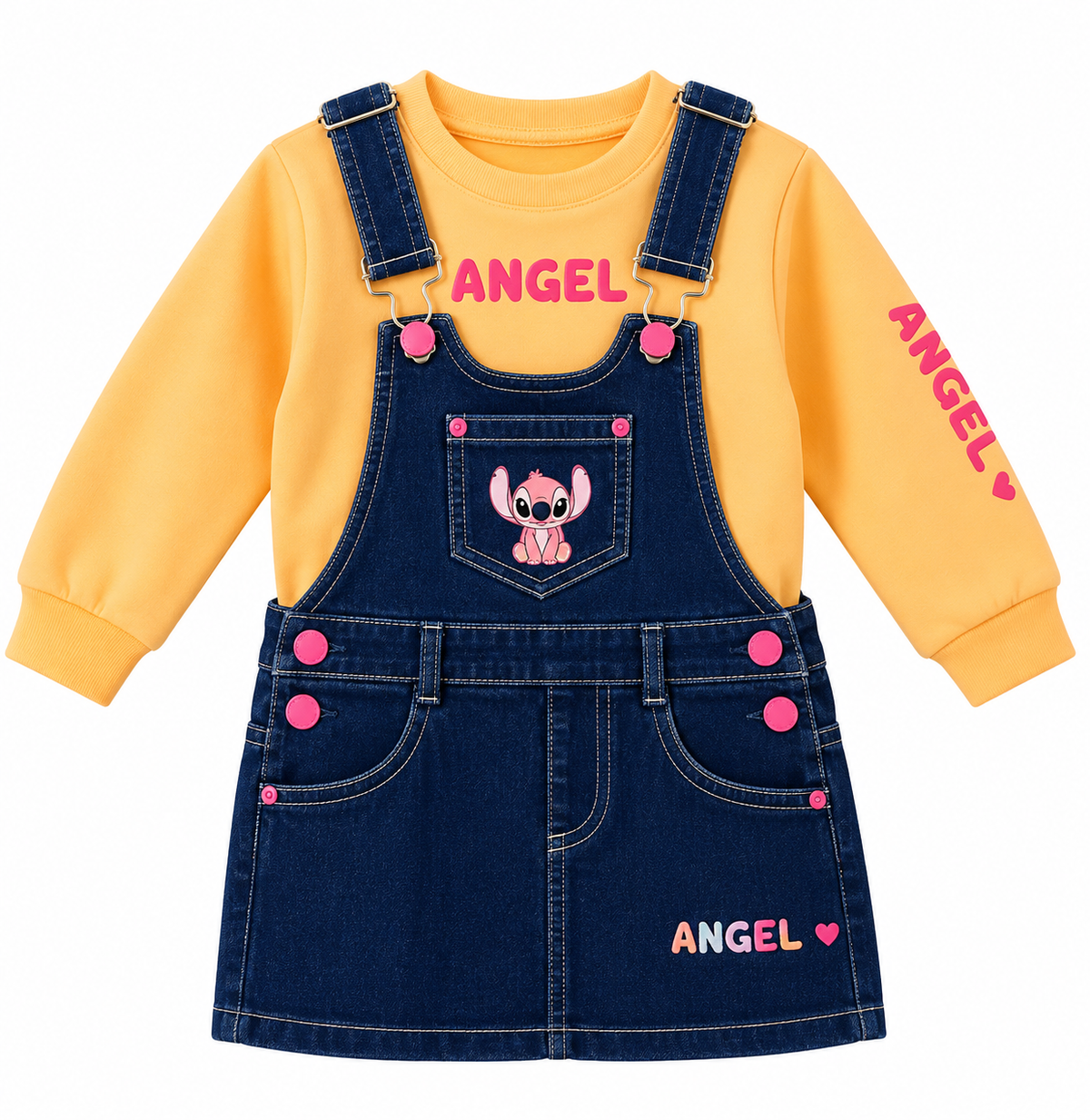 Ensemble Fille 2 Pièces – Robe Salopette en Jean & Sweat Angel 💕