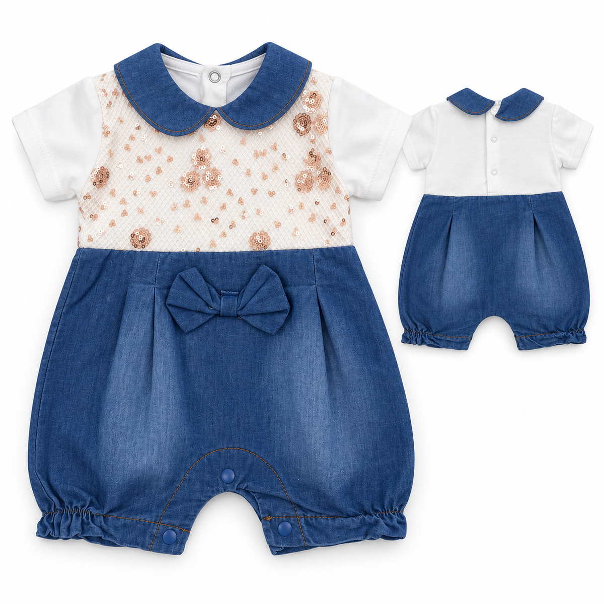 Barboteuse Bébé Chic – Col Contrasté, Nœud & Détails Brillants