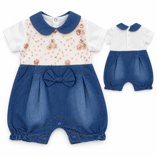 Barboteuse Bébé Chic – Col Contrasté, Nœud & Détails Brillants