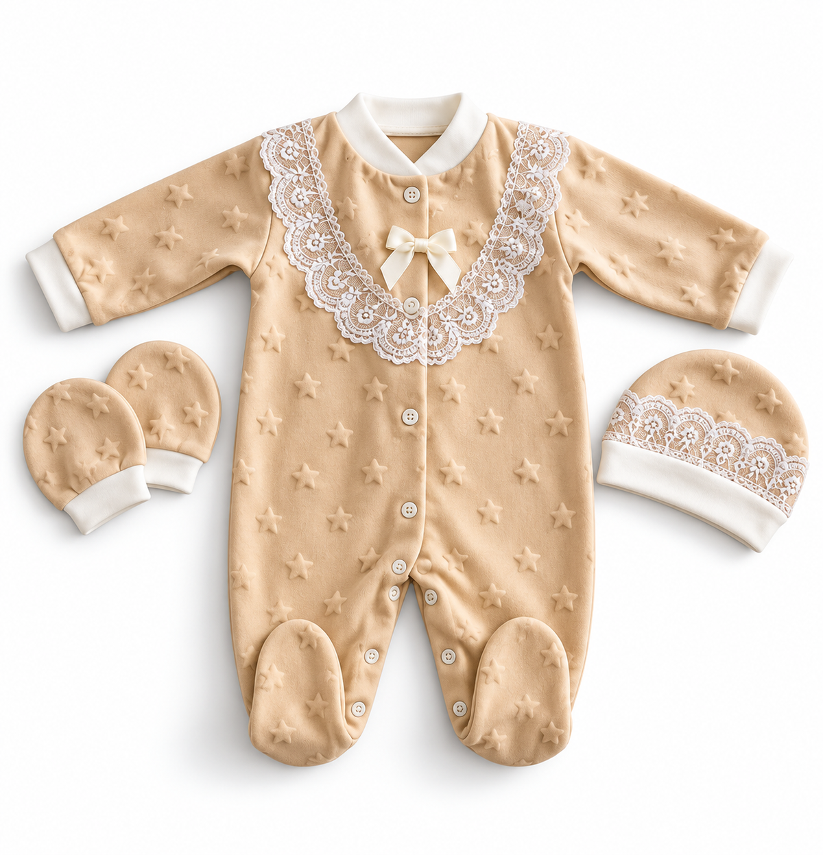 Ensemble Naissance Bébé 3 Pièces – Grenouillère, Bonnet & Moufles Étoilés