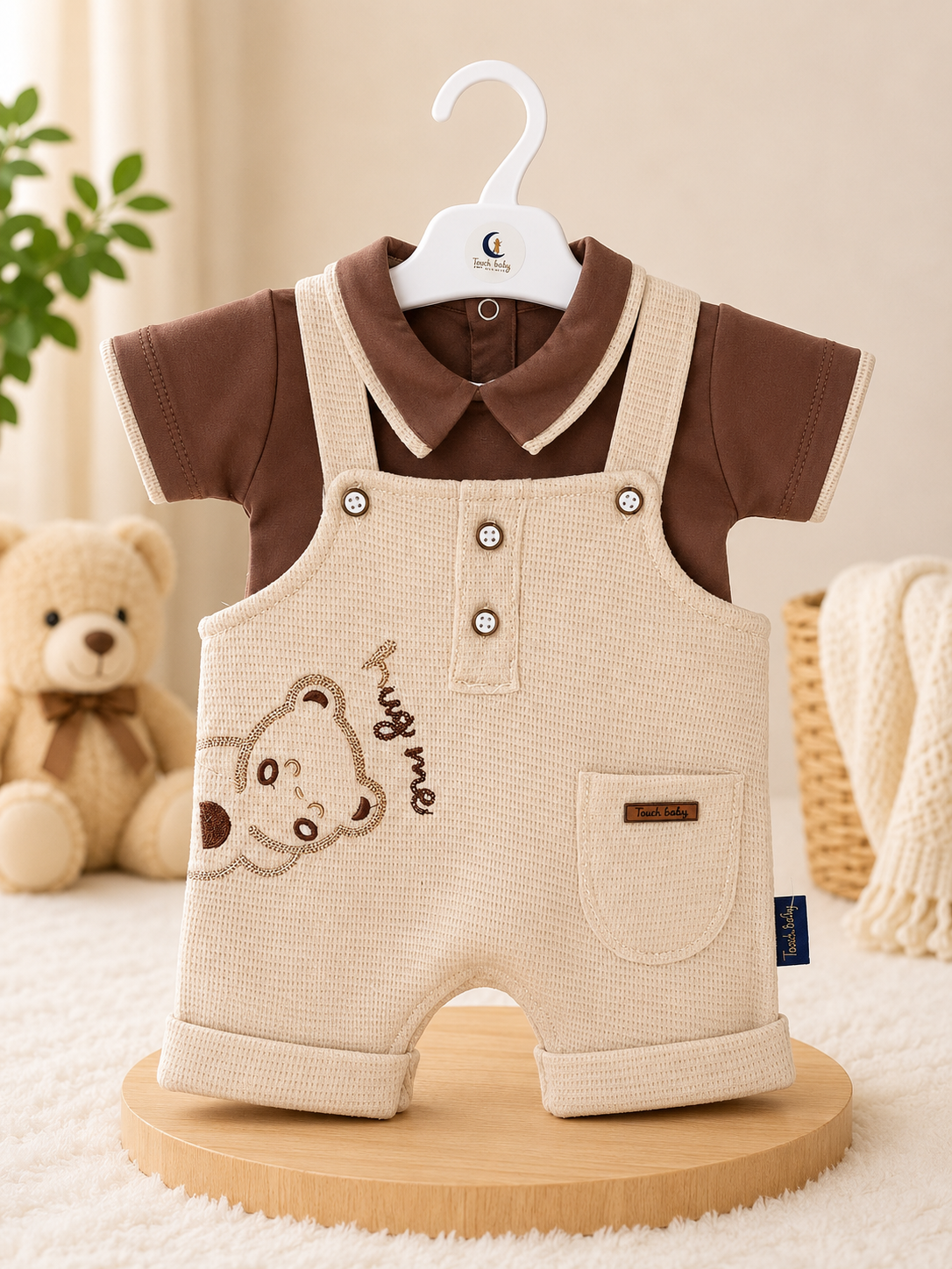 Ensemble Bébé Élégant 2 Pièces – Polo & Salopette Brodée Ourson