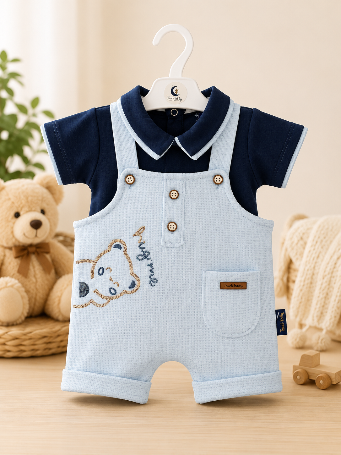 Ensemble Bébé Élégant 2 Pièces – Polo & Salopette Brodée Ourson
