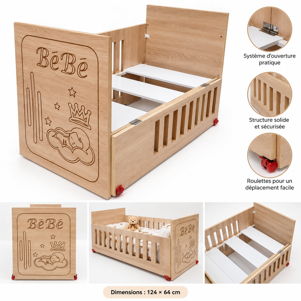 Lit Bébé Évolutif avec Côté Ouvrant – 124 × 64 cm
