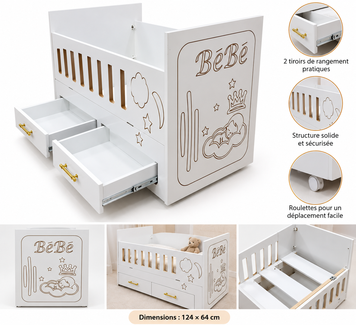 Lit Bébé avec 2 Tiroirs de Rangement – 124 × 64 cm