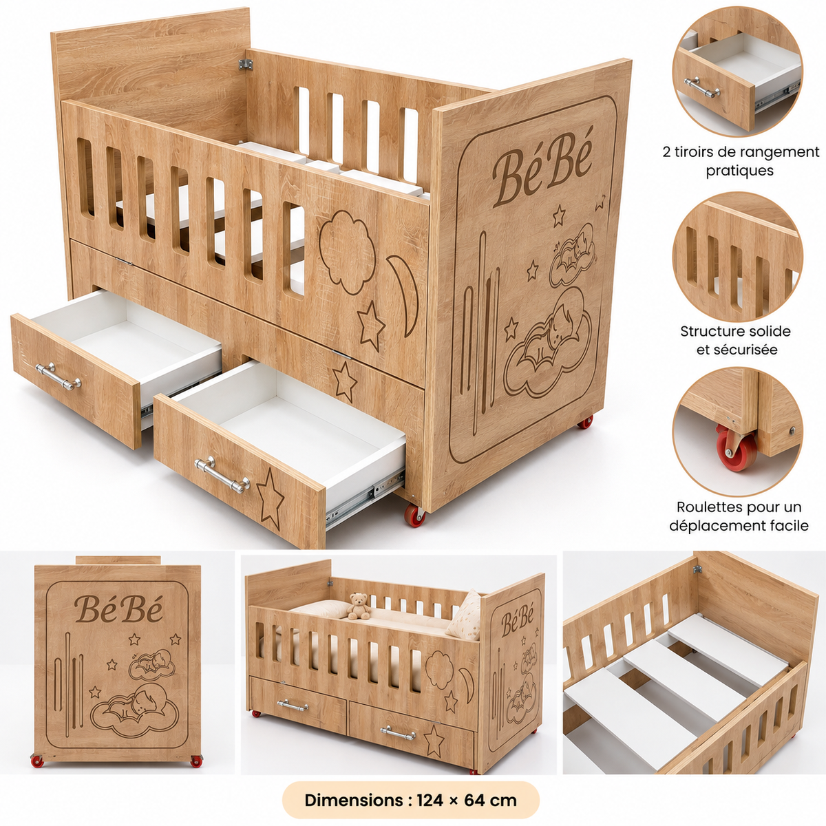 Lit Bébé avec 2 Tiroirs de Rangement – 124 × 64 cm