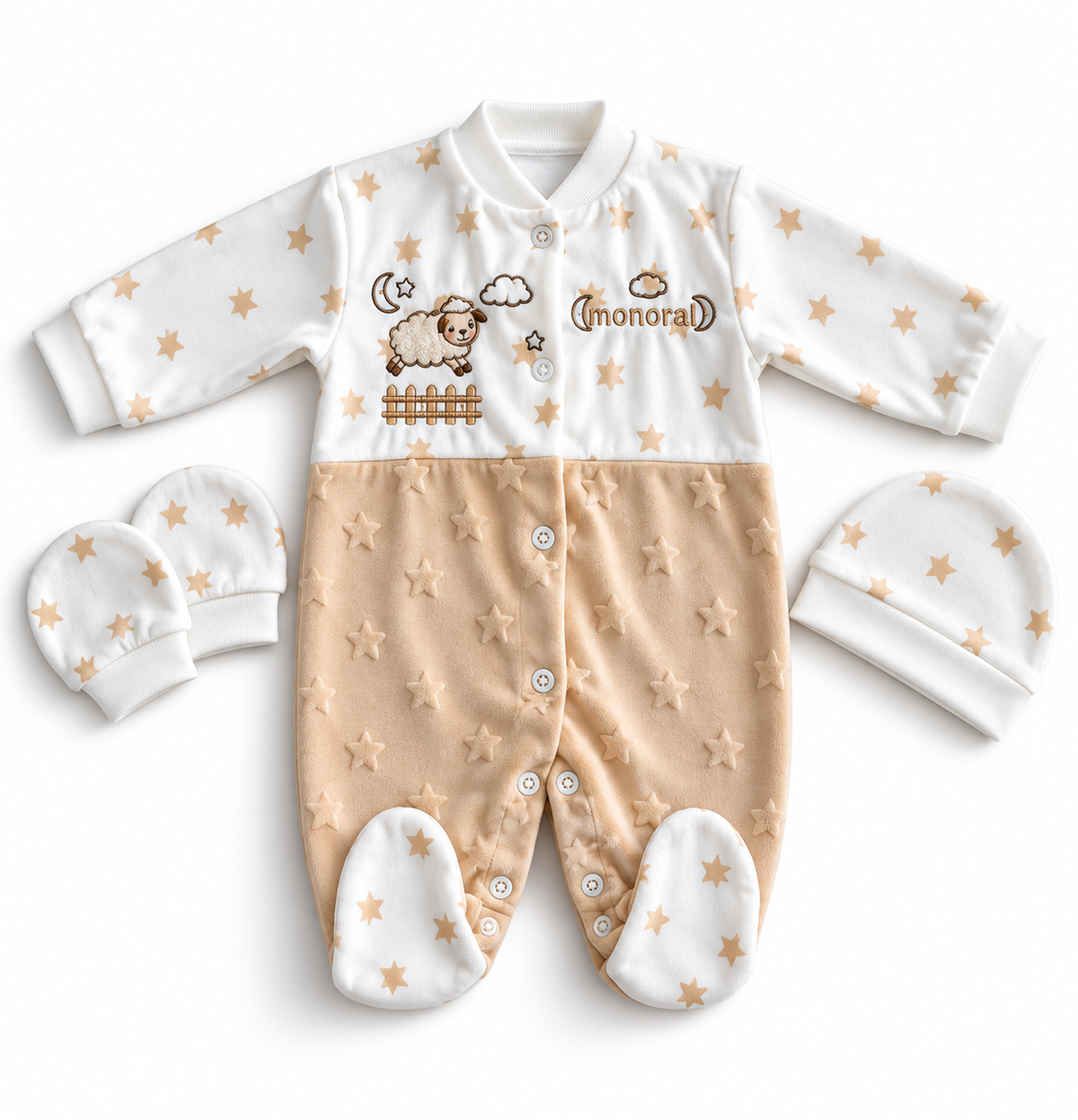 Ensemble Naissance Bébé 3 Pièces – Grenouillère, Bonnet & Moufles Étoilés