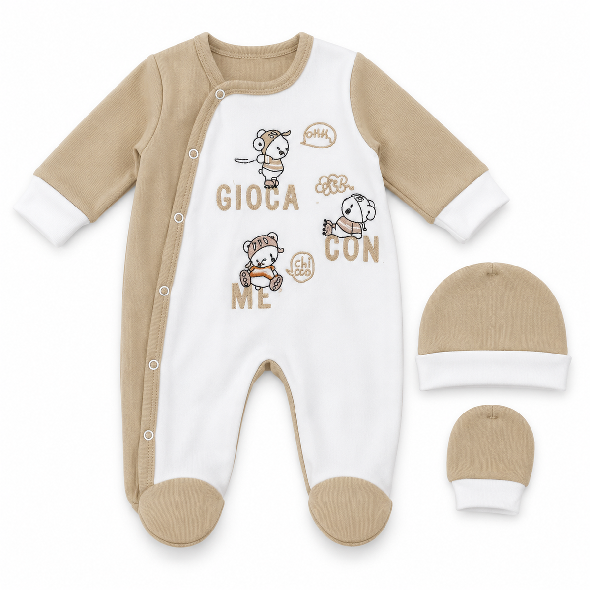 Coffret Naissance Bébé 3 Pièces – Grenouillère, Bonnet & Moufles