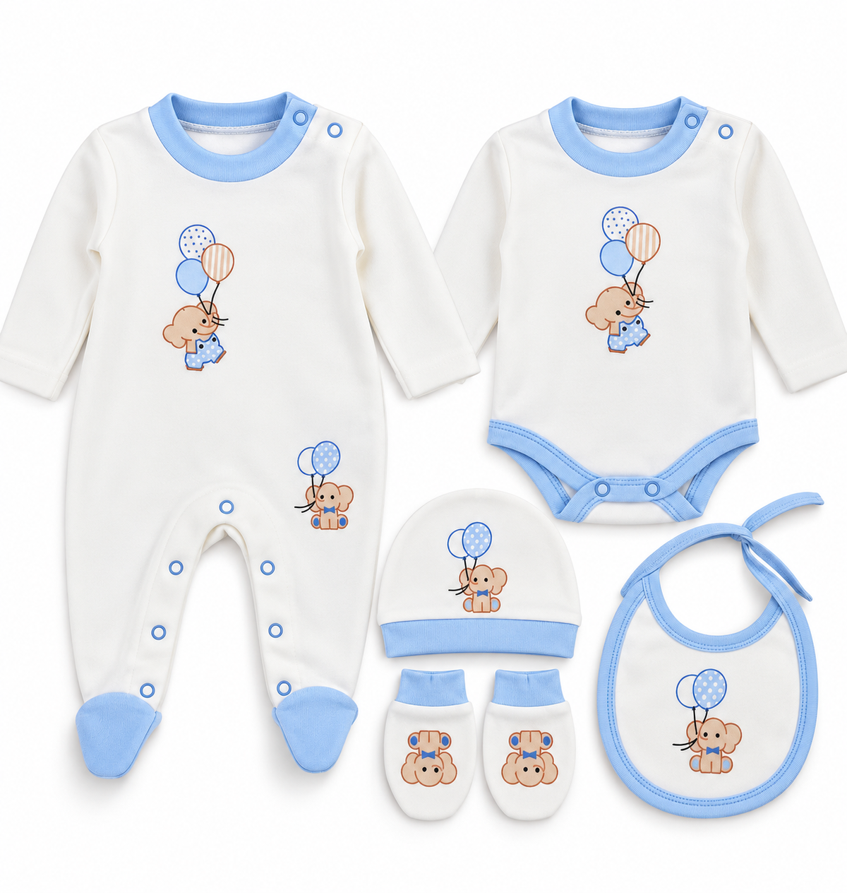 Coffret Naissance Bébé 5 Pièces – Motif Éléphant & Ballons