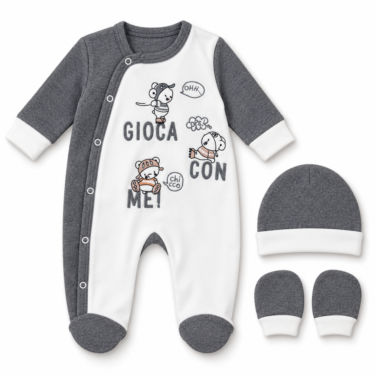 Coffret Naissance Bébé 3 Pièces – Grenouillère, Bonnet & Moufles