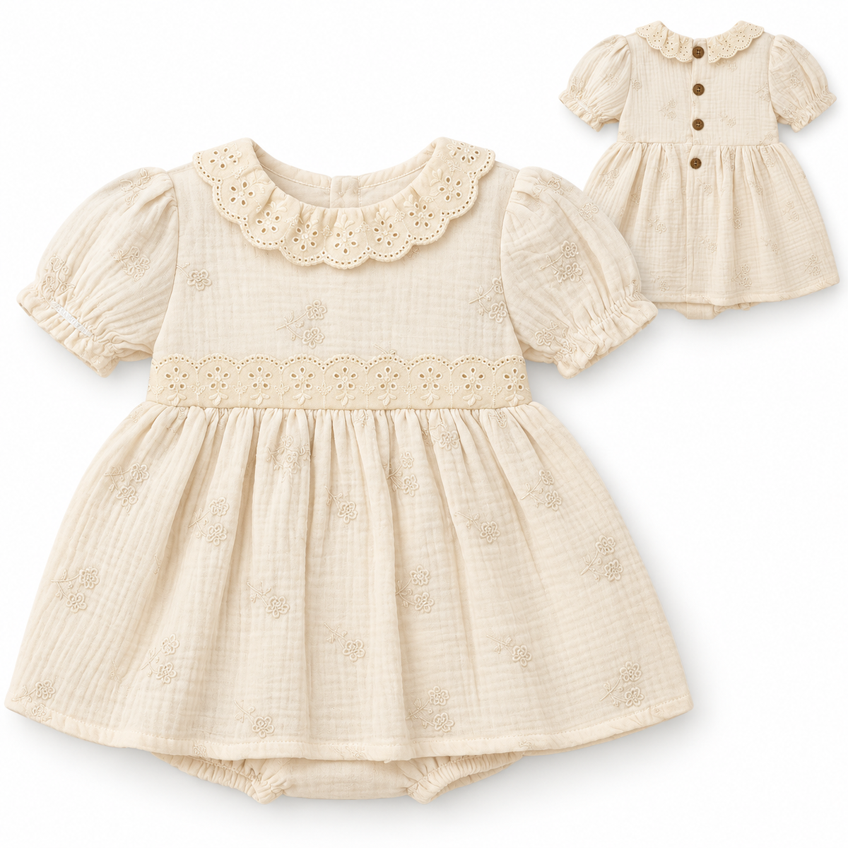 Robe Bébé Fille Brodée – Col Festonné & Manches Bouffantes