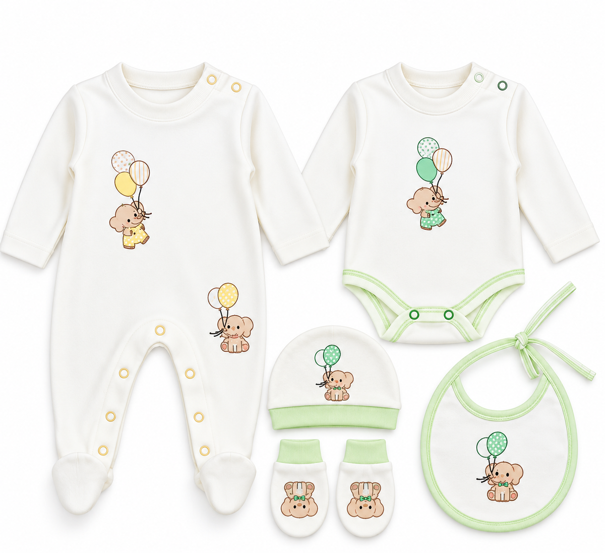 Coffret Naissance Bébé 5 Pièces – Motif Éléphant & Ballons