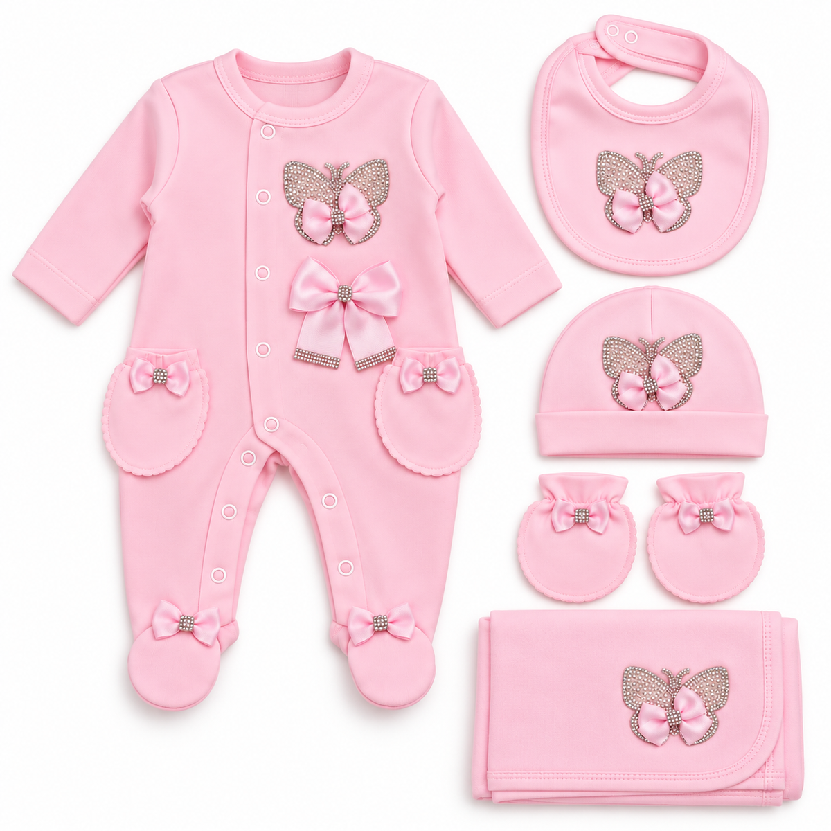Coffret Naissance Bébé Fille 5 Pièces – Papillon & Nœuds