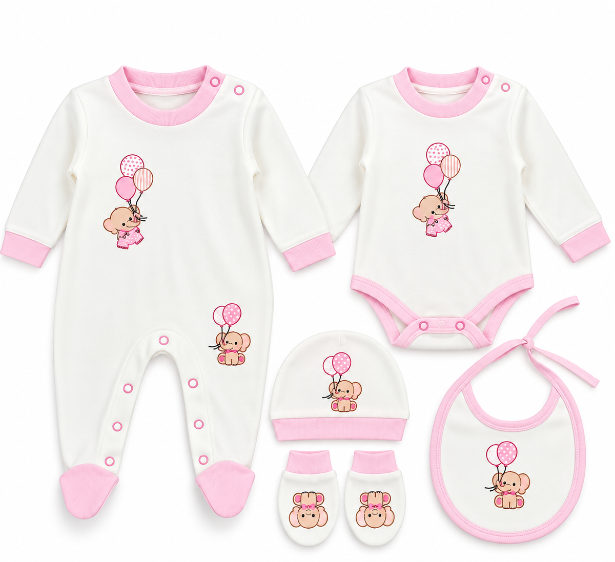 Coffret Naissance Bébé 5 Pièces – Motif Éléphant & Ballons