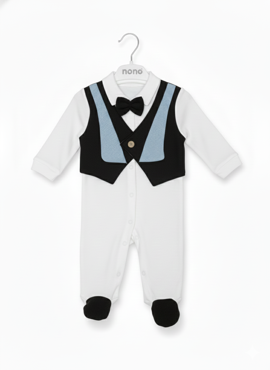 Grenouillère Élégante Gilet et Nœud Papillon - Blanc et Bleu Marine 0-3mois