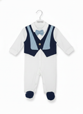 Grenouillère Élégante Gilet et Nœud Papillon - Blanc et Bleu Marine 0-3mois