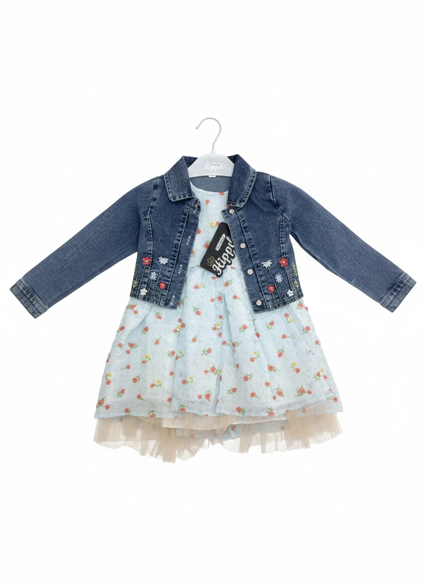 Ensemble Robe Fleurie et Veste en Jean - Tenue Complète Fille
