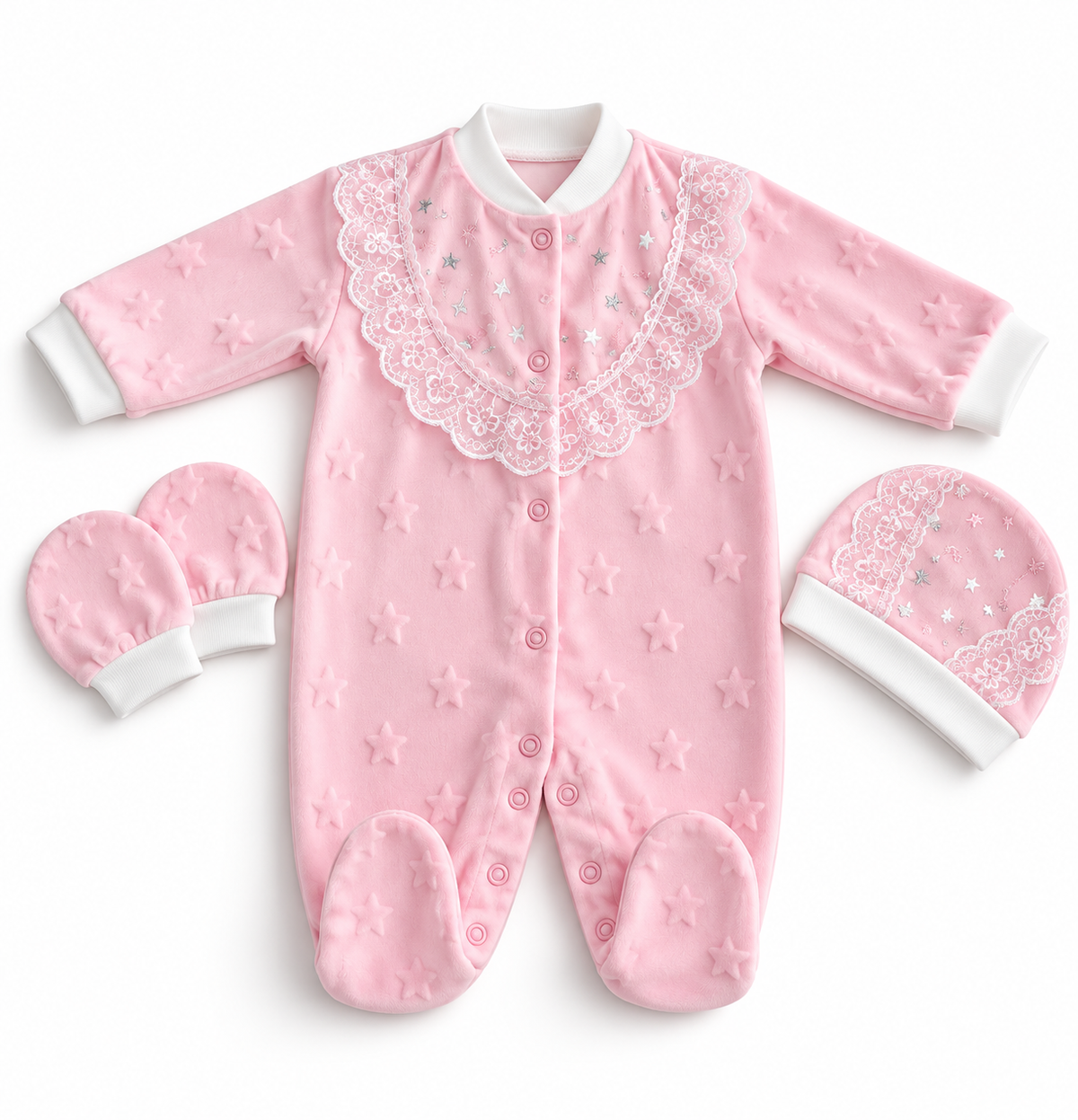 Ensemble Naissance Bébé 3 Pièces – Grenouillère, Bonnet & Moufles Étoilés