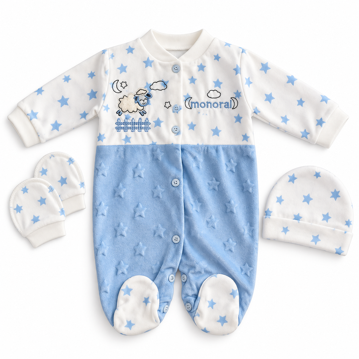 Ensemble Naissance Bébé 3 Pièces – Grenouillère, Bonnet & Moufles Étoilés