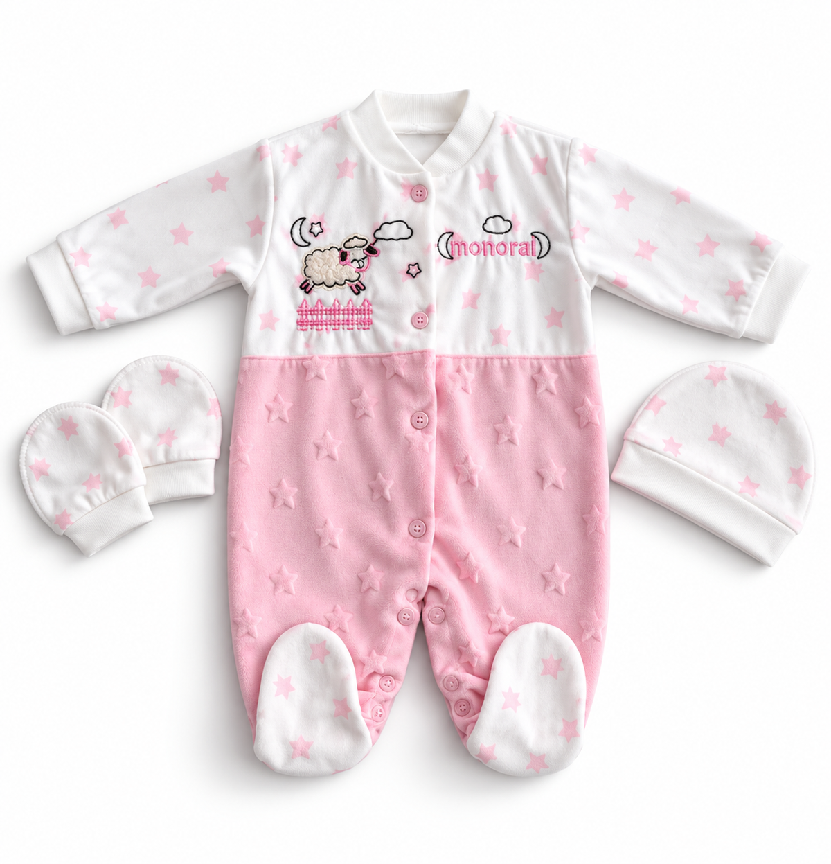 Ensemble Naissance Bébé 3 Pièces – Grenouillère, Bonnet & Moufles Étoilés