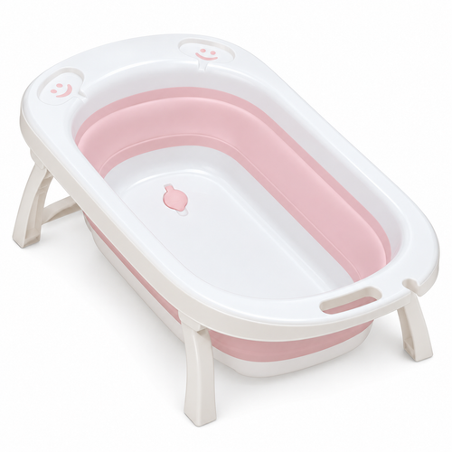 Baignoire bébé pliable rose et blanche avec pieds