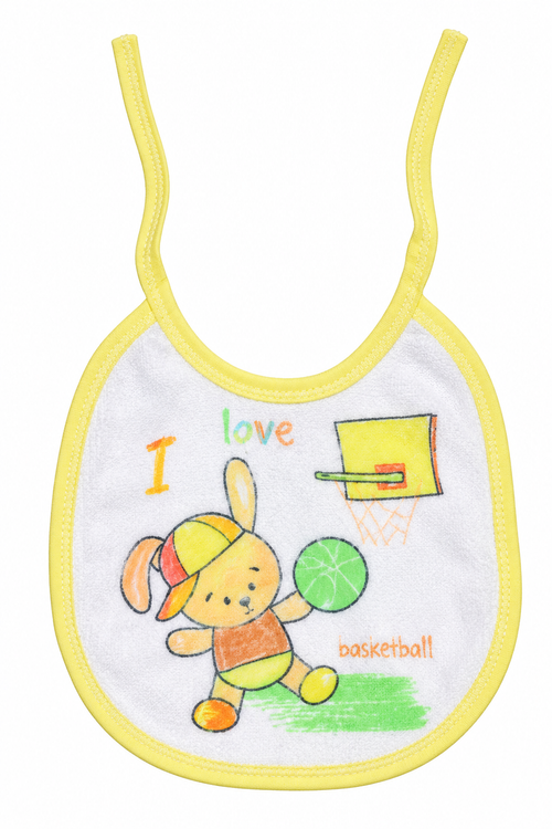 Bavoir bébé lapin basketball avec bordure jaune