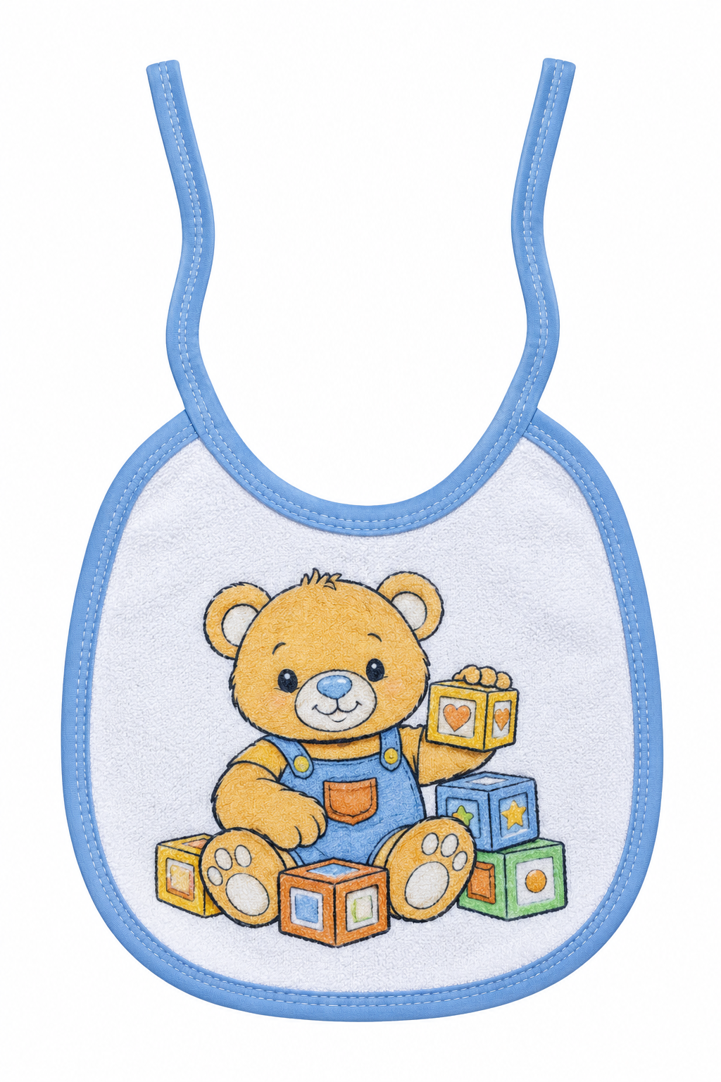 Bavoir bébé ourson avec cubes et bordure bleue