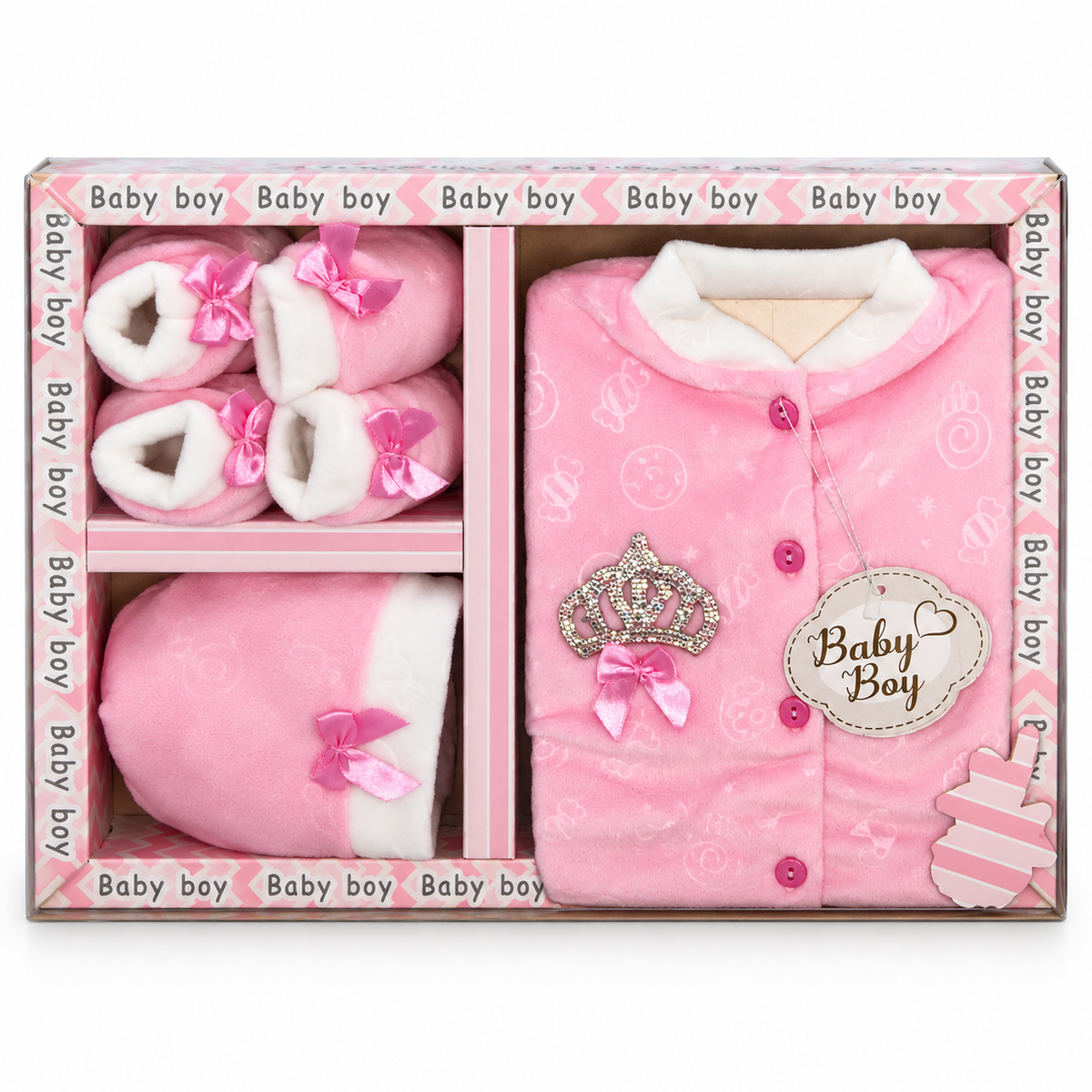 Coffret naissance bébé rose pour fille avec tenue, couverture et chaussons