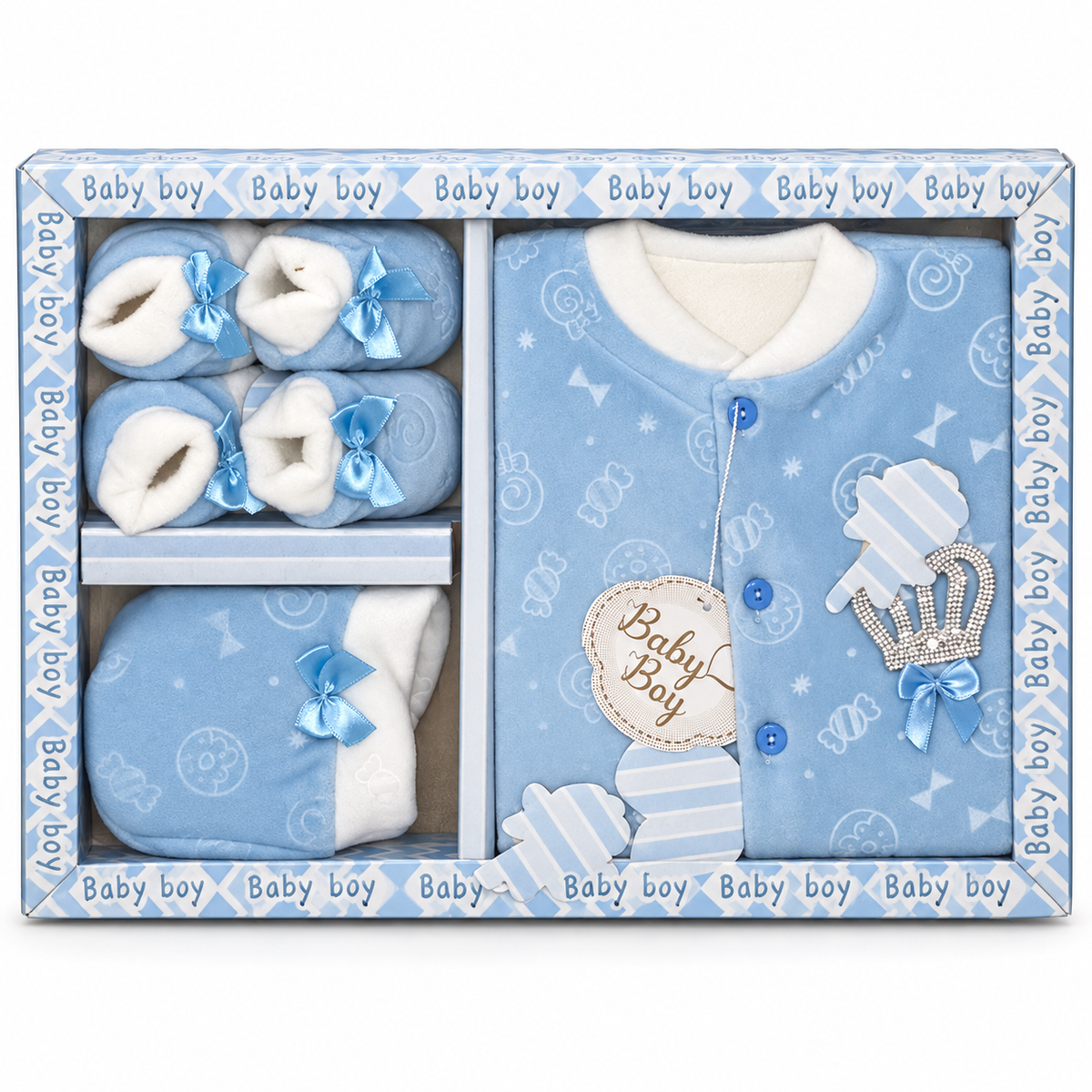 Coffret naissance bébé bleu pour garçon avec tenue, couverture et chaussons