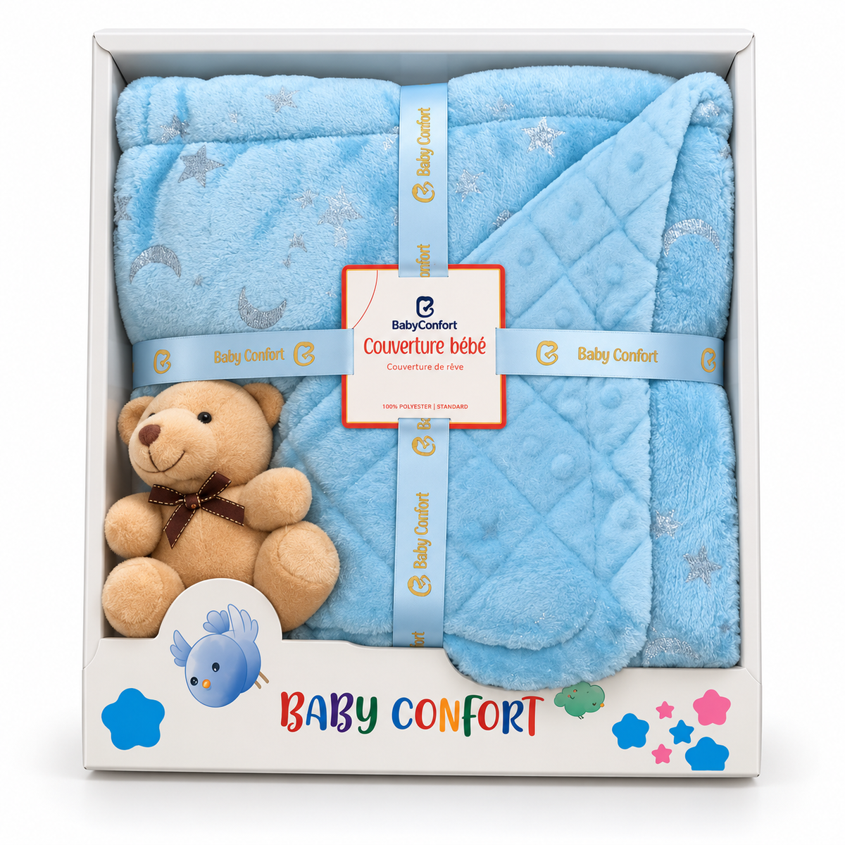 Coffret couverture bébé avec peluche - bleu ciel