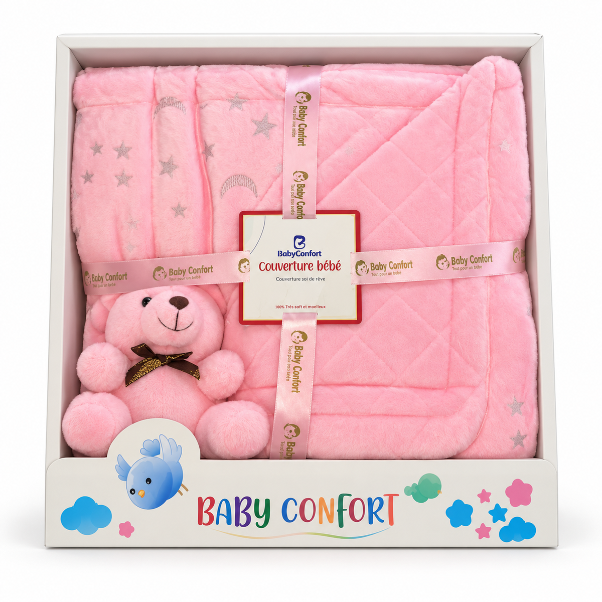 Coffret couverture bébé avec peluche - rose