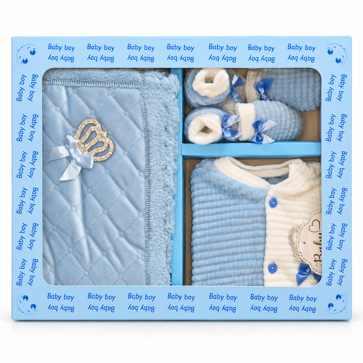 Coffret naissance bébé avec couverture, tenue et chaussons - Garçon