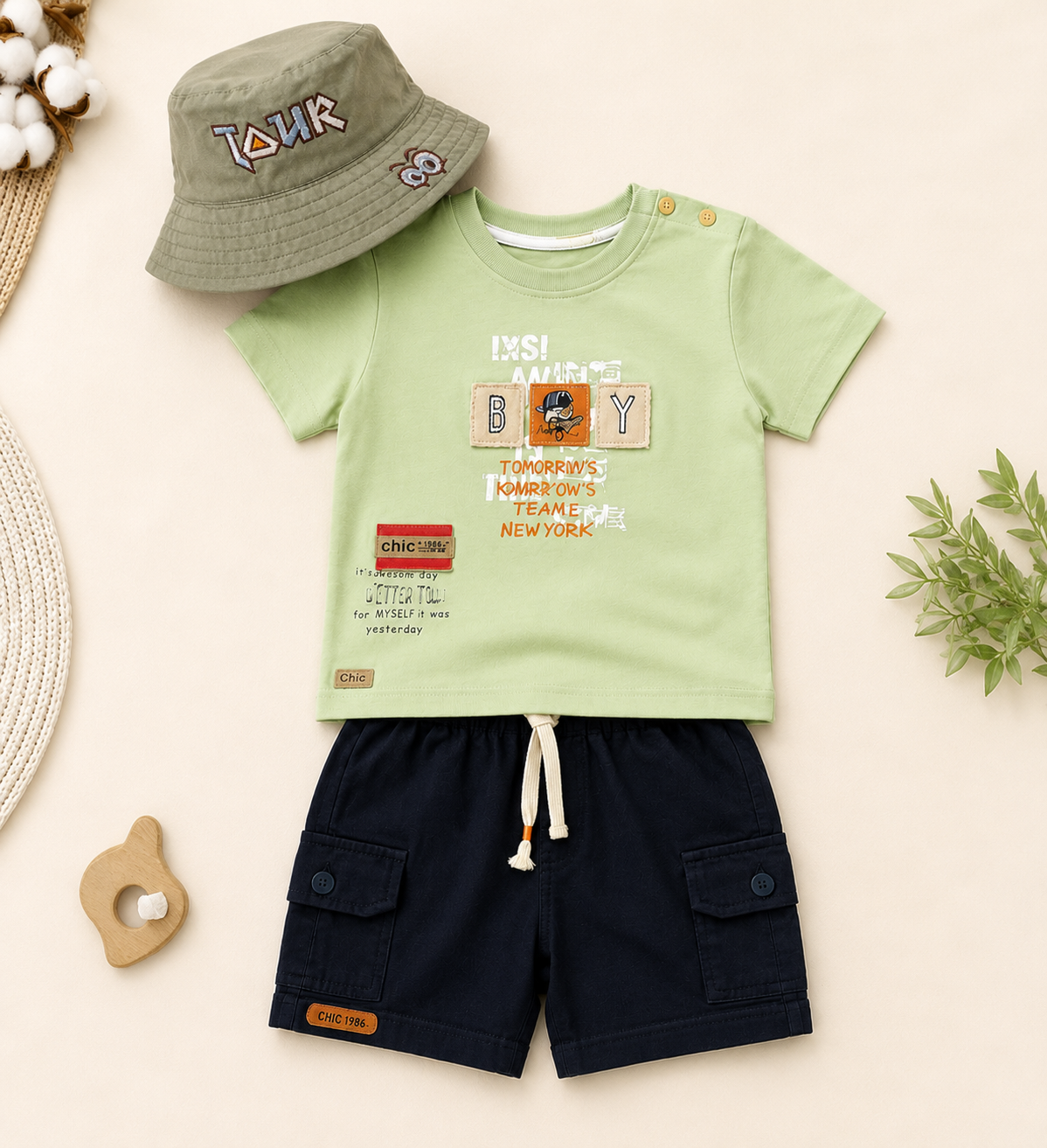 Ensemble Bébé 3 Pièces avec Bob – T-shirt, Short Cargo & Chapeau