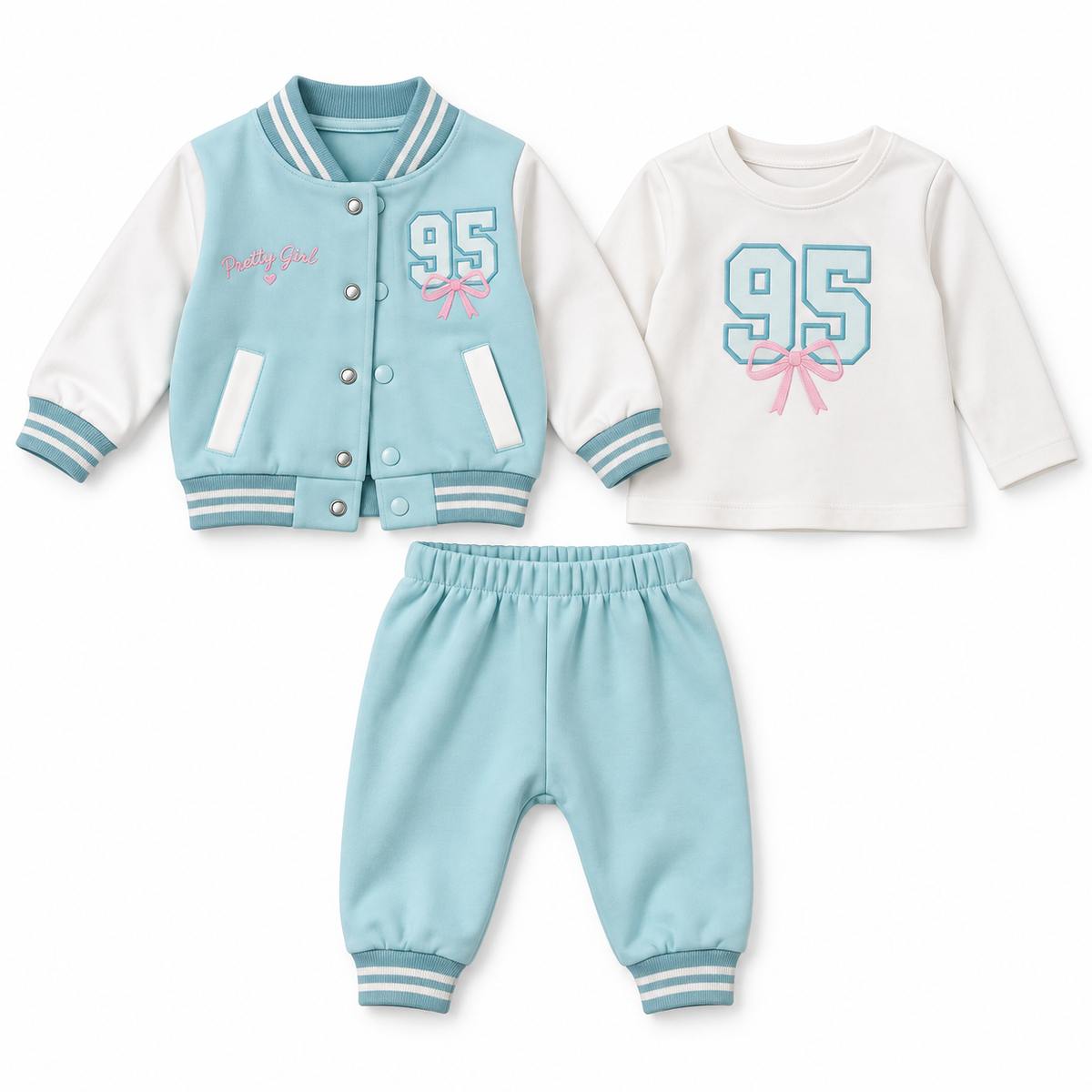 Ensemble bébé fille 3 pièces bleu ciel sur fond blanc