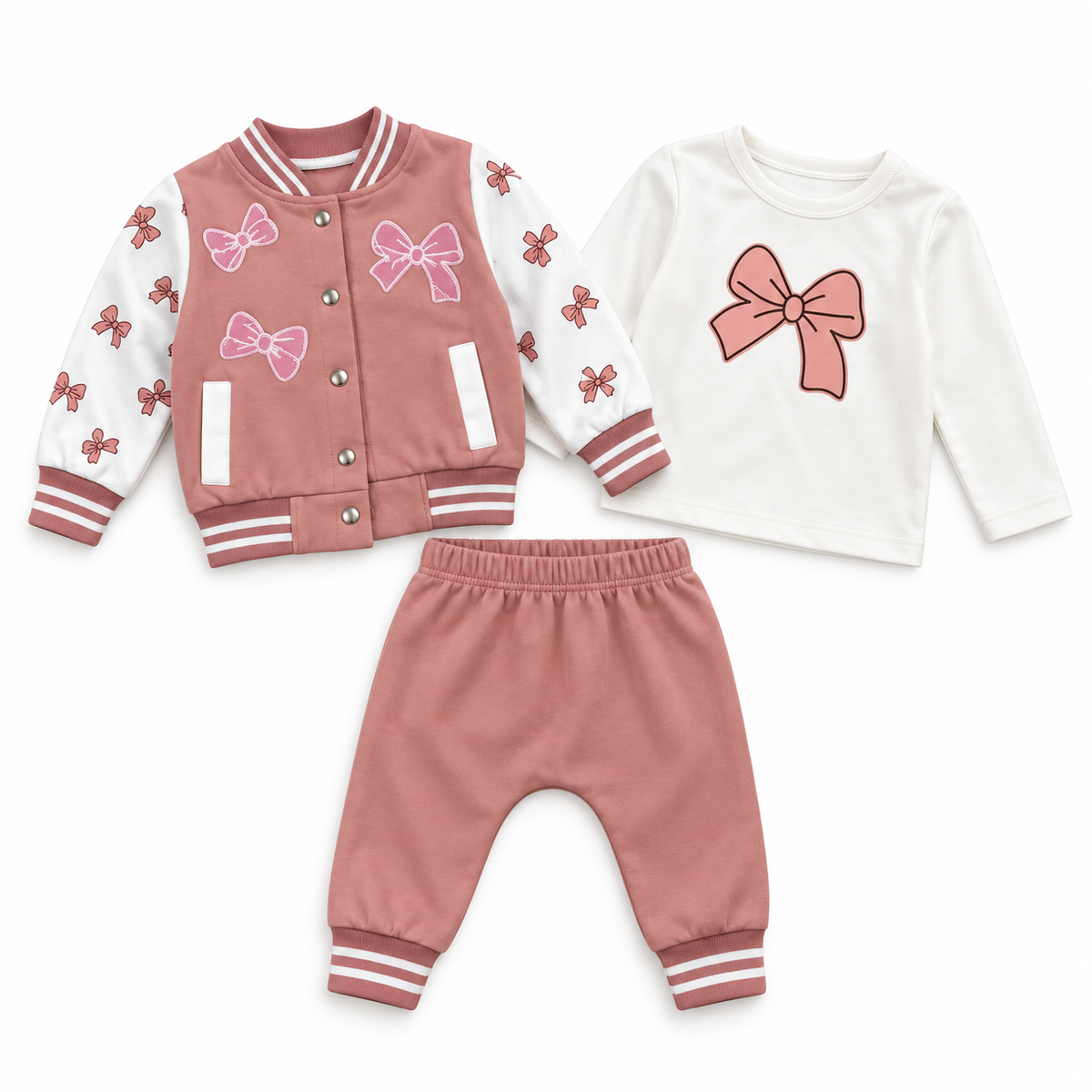 Ensemble bébé fille 3 pièces rose sur fond blanc