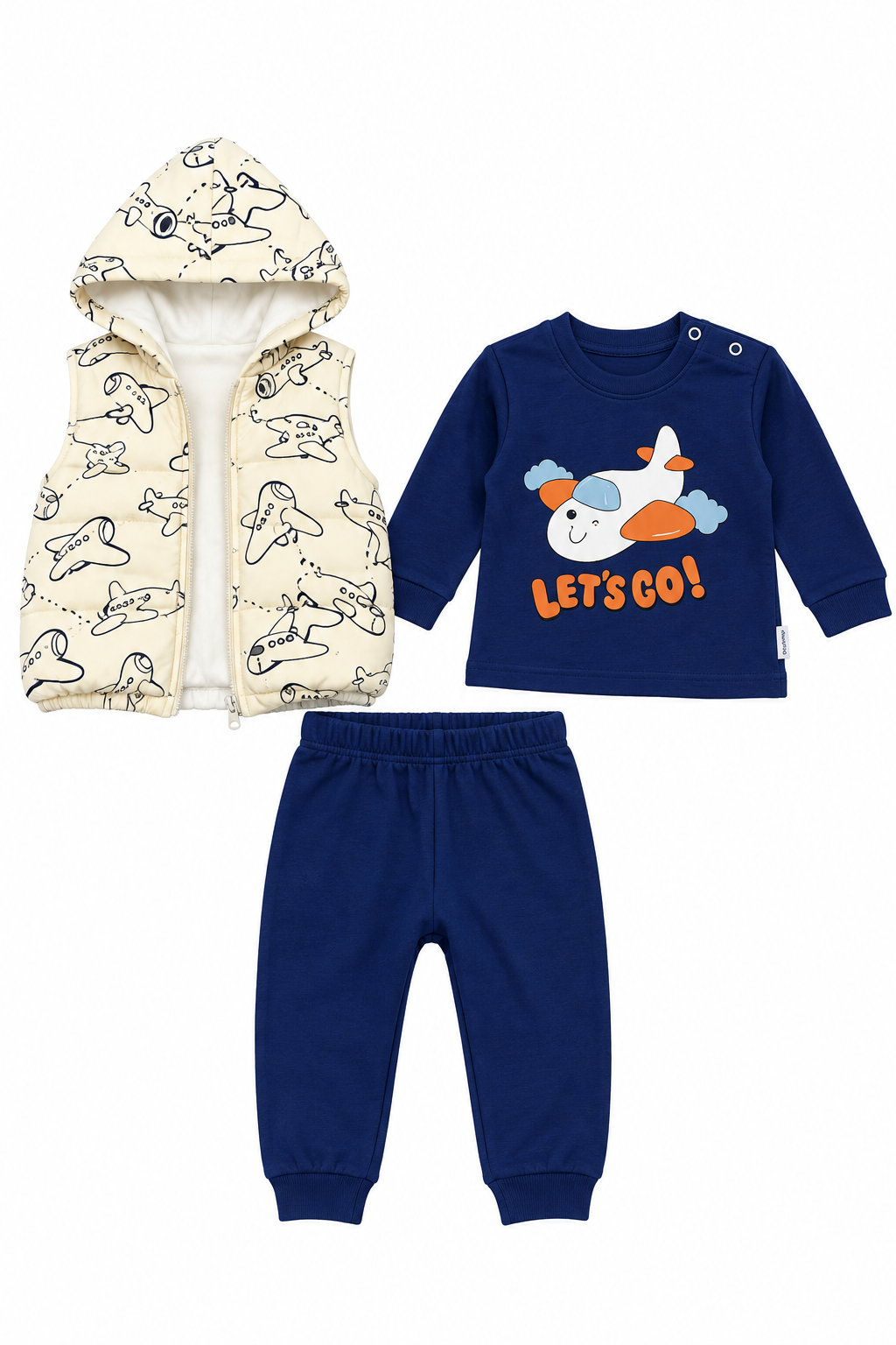 Ensemble bébé trois pièces thème avion bleu marine et beige
