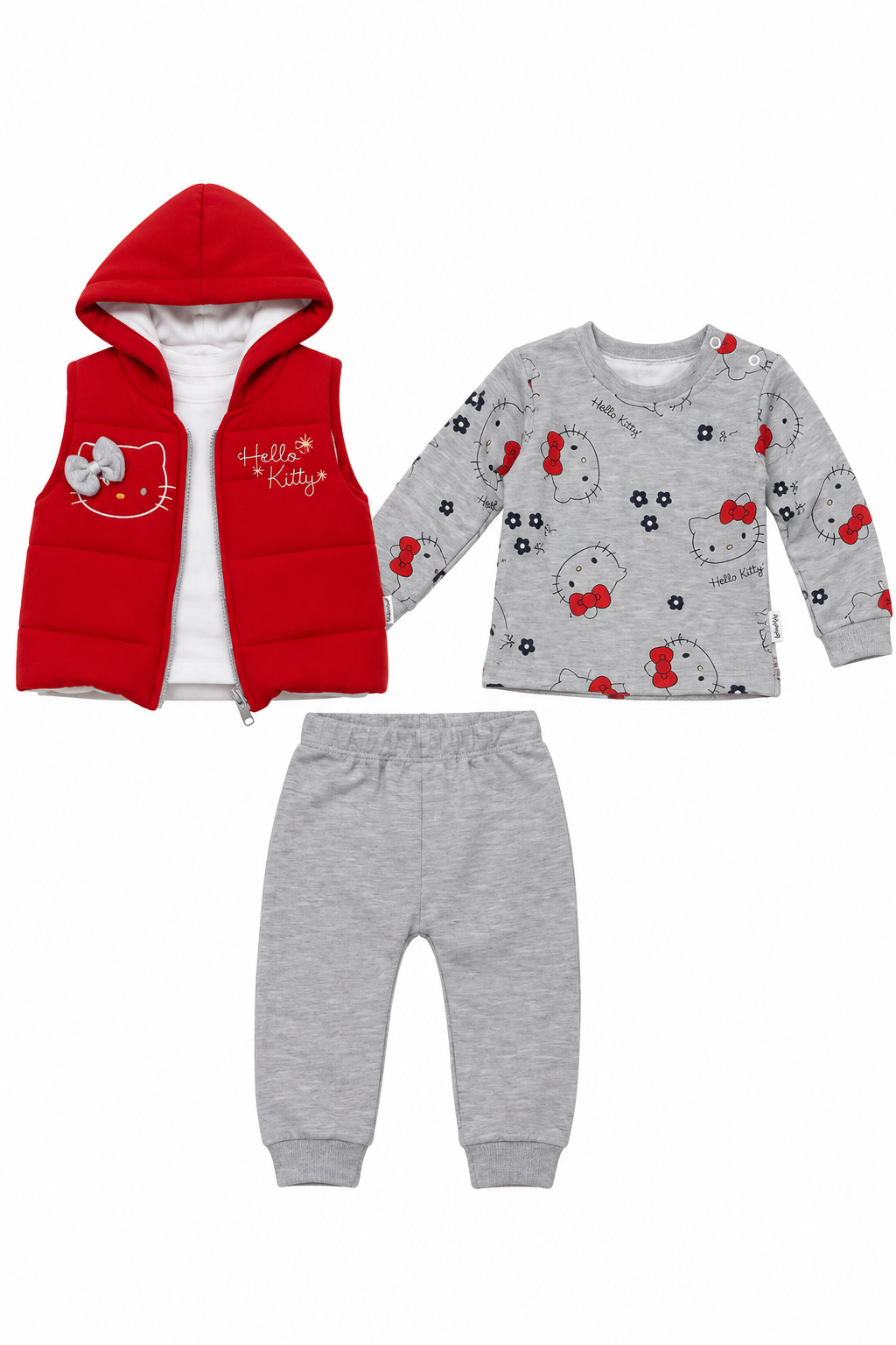 Ensemble bébé trois pièces Hello Kitty rouge et gris