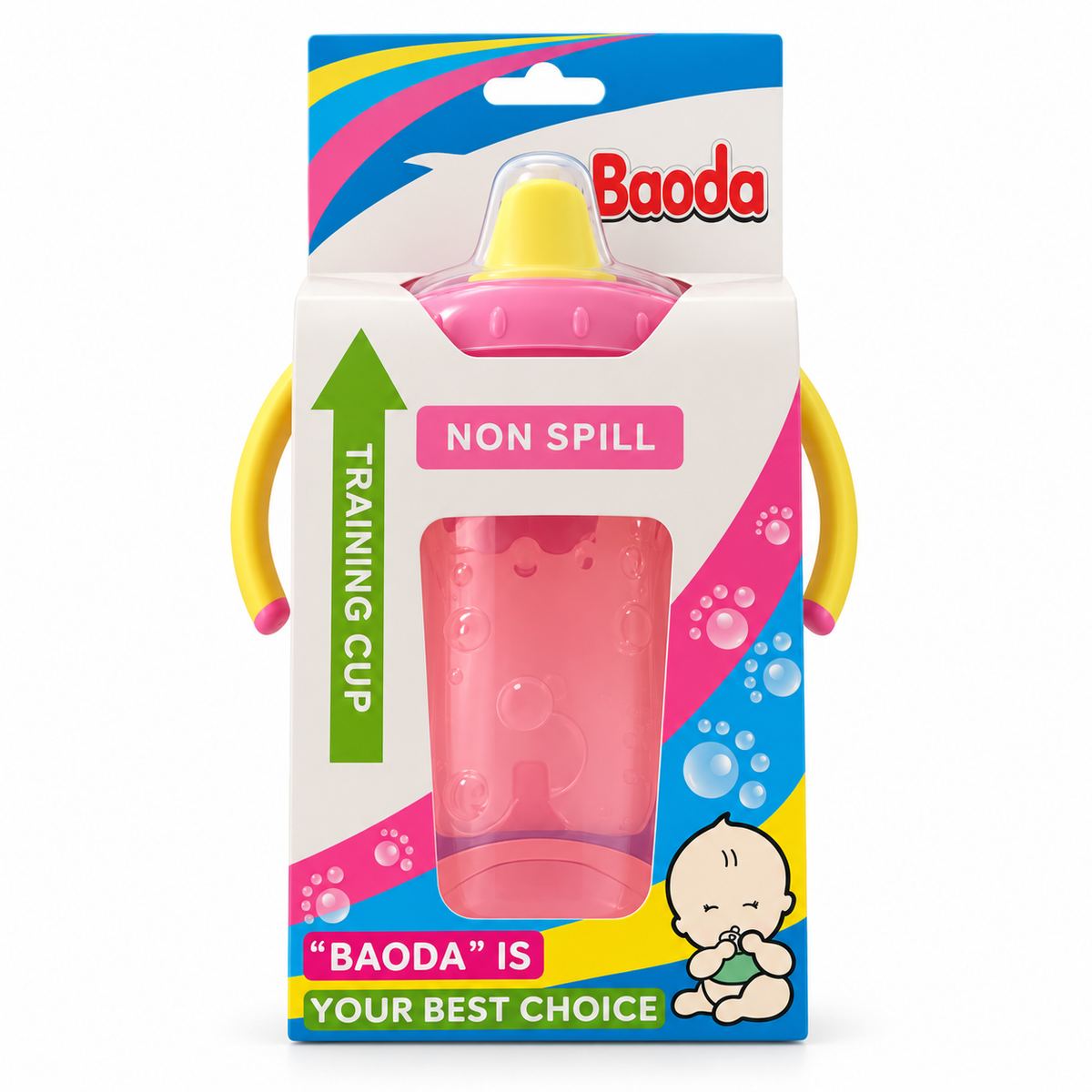 Gobelet d’apprentissage anti-fuite Baoda rose avec poignées jaunes