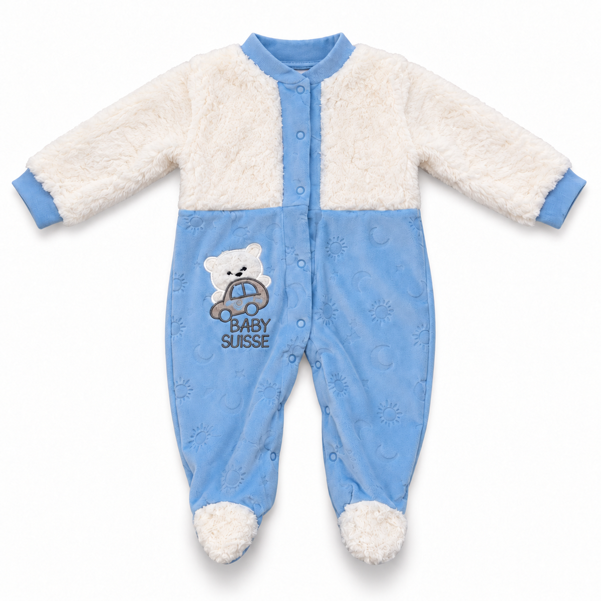 Grenouillère bébé polaire bleu ciel et écru Baby Suisse sur fond blanc