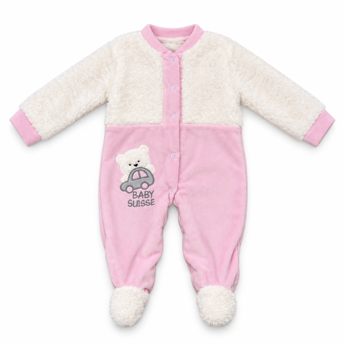 Grenouillère bébé polaire rose et écru Baby Suisse sur fond blanc
