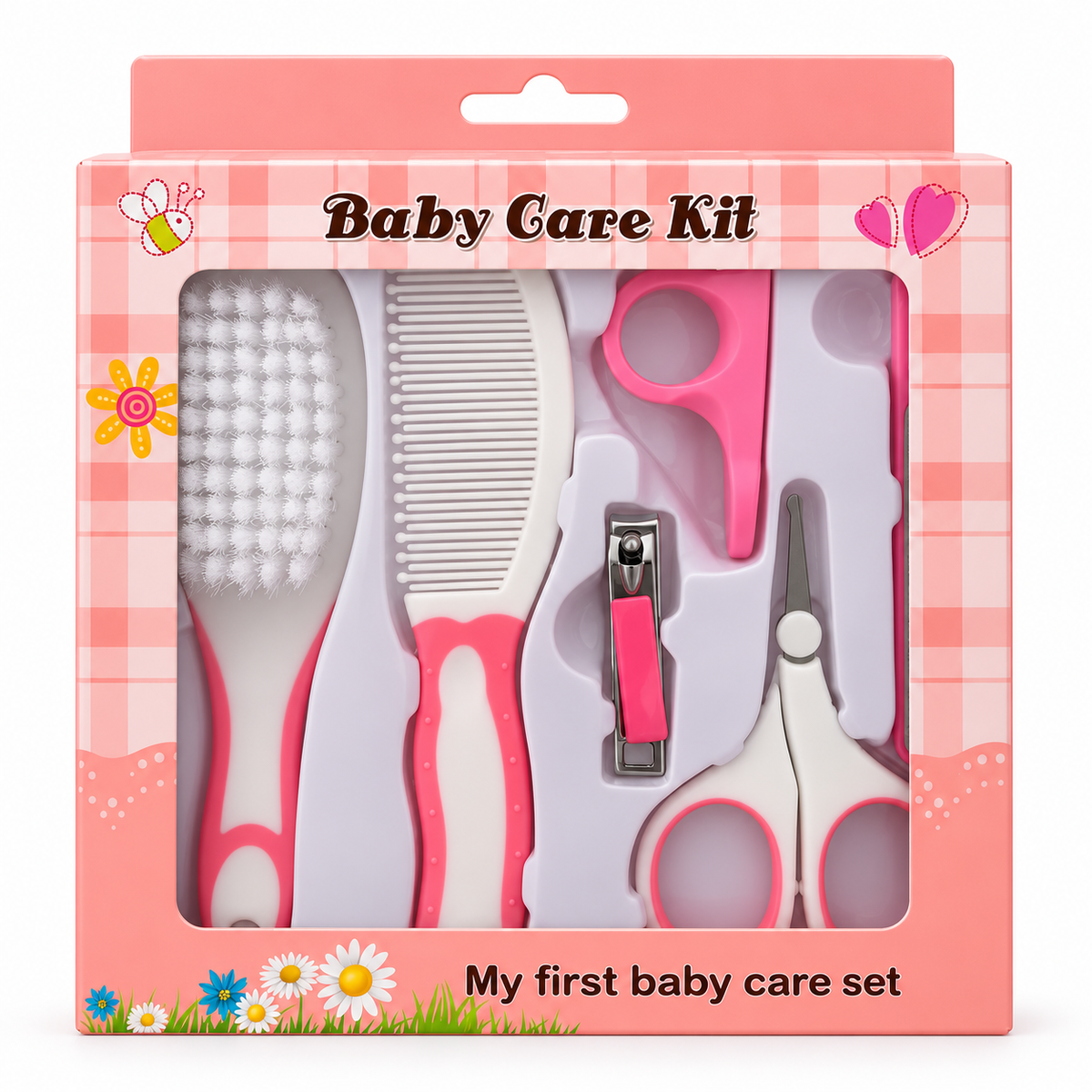 Kit de soin pour bébé rose avec brosse, peigne, ciseaux et coupe-ongles