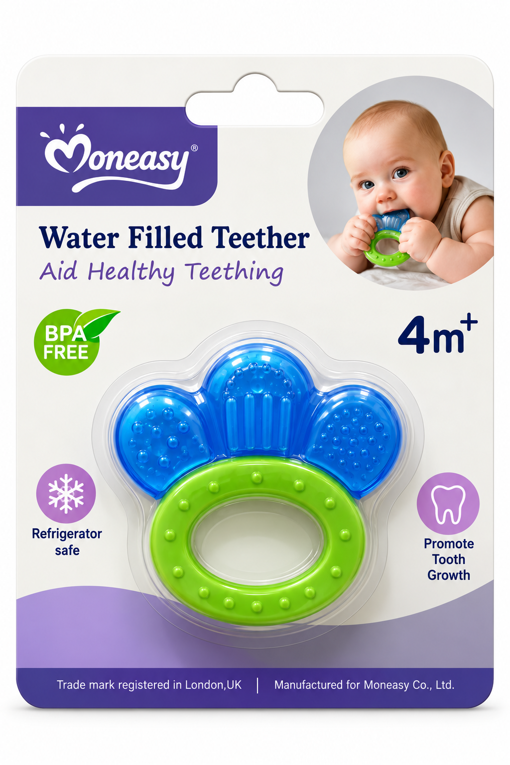 Anneau de dentition à eau Moneasy, modèle fleur bleue