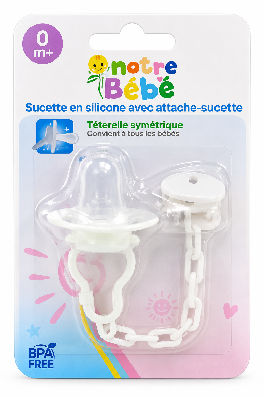 Sucette en silicone Notre Bébé avec attache-sucette, coloris blanc