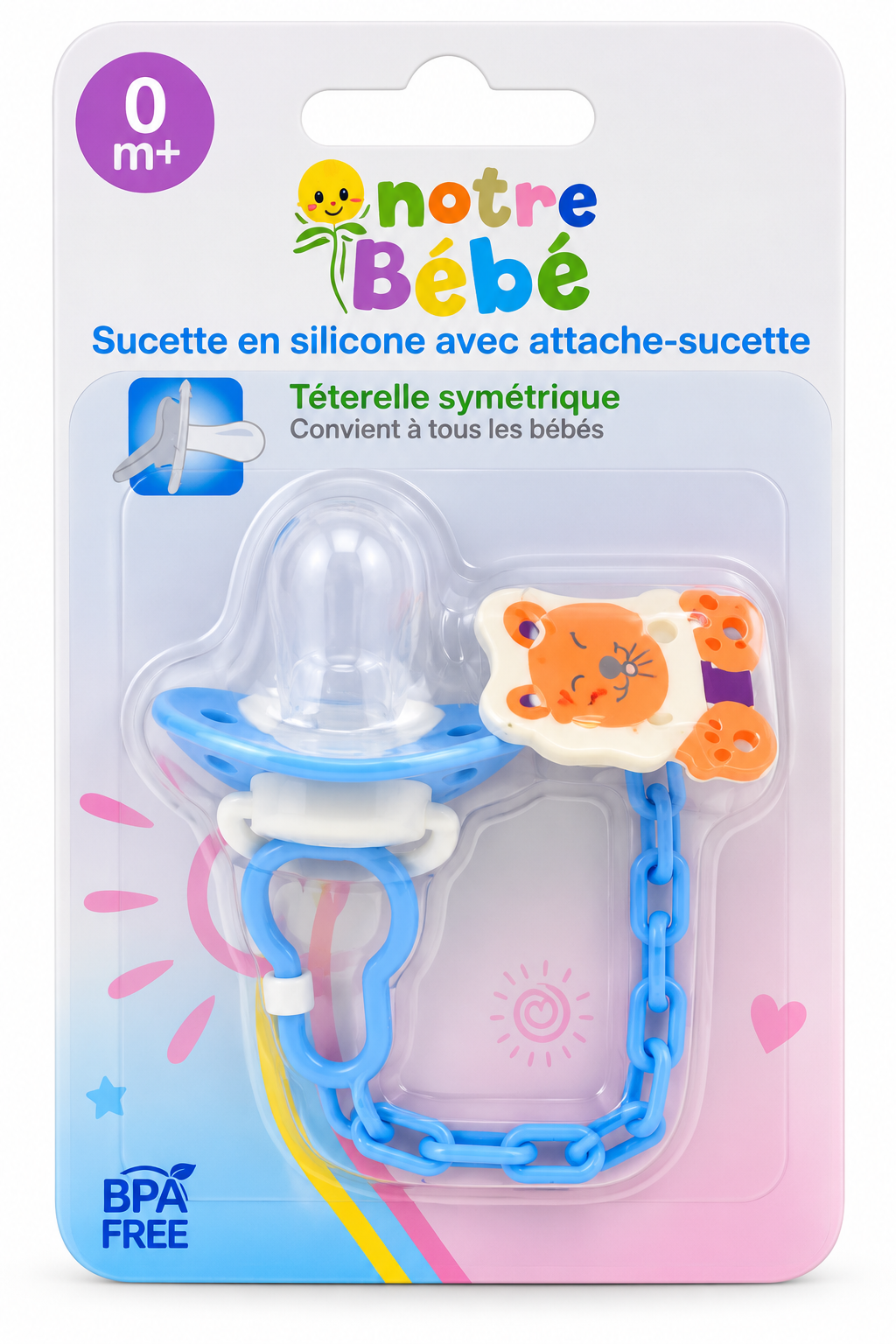 Sucette en silicone Notre Bébé avec attache-sucette, coloris bleu et orange