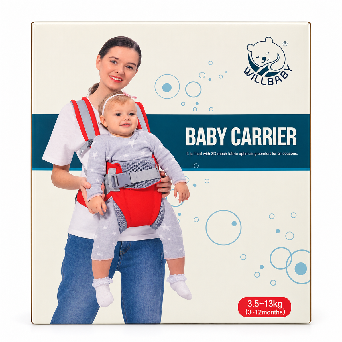 Porte-bébé Willbaby respirant 3D rouge et gris pour bébé de 3 à 12 mois